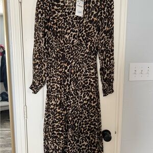 Zara Brown and Black Leopard Midi Dress with Long Bishop Sleeves and V-Neck NWT